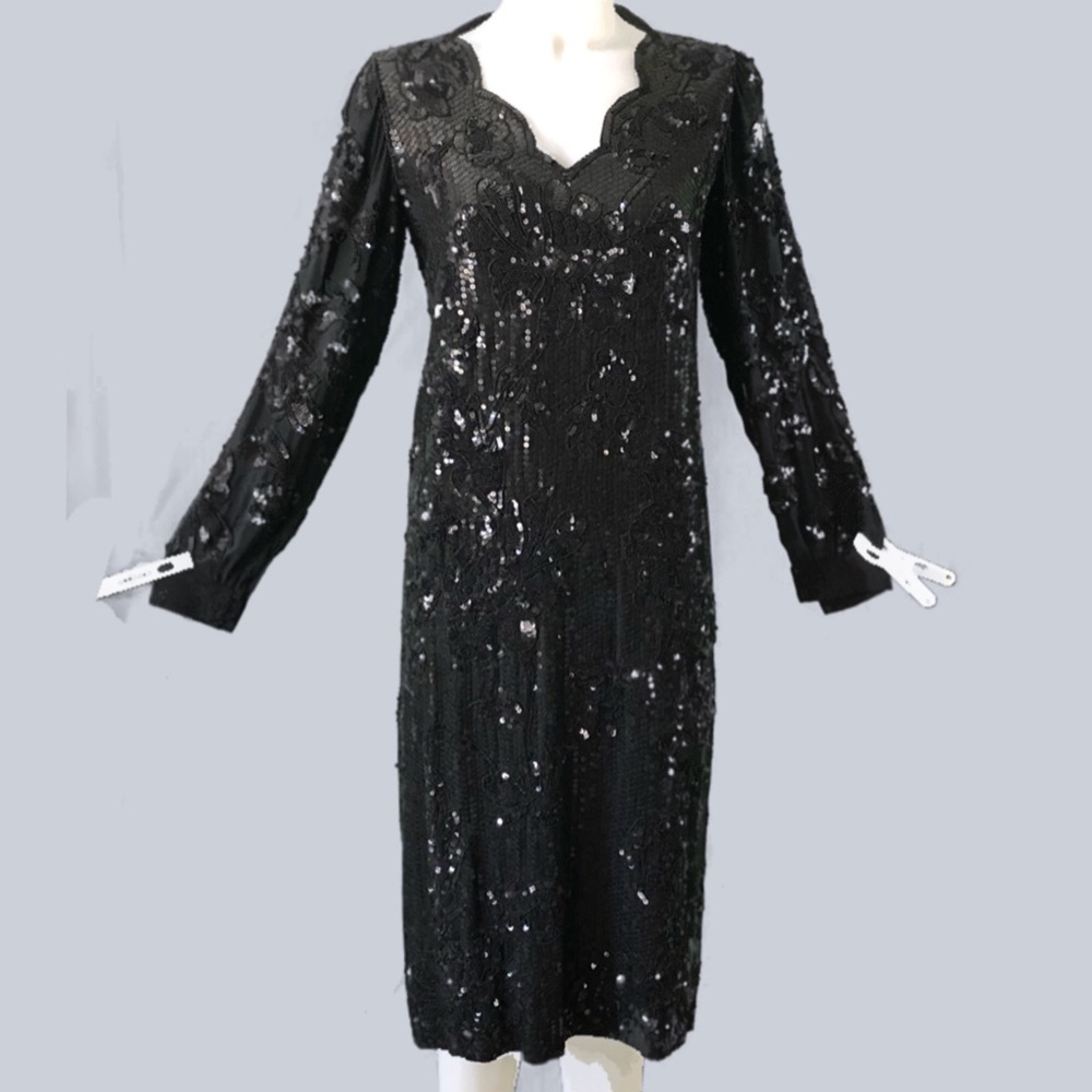VTG. Oleg Cassinii Black Beaded & Sequined Dress S